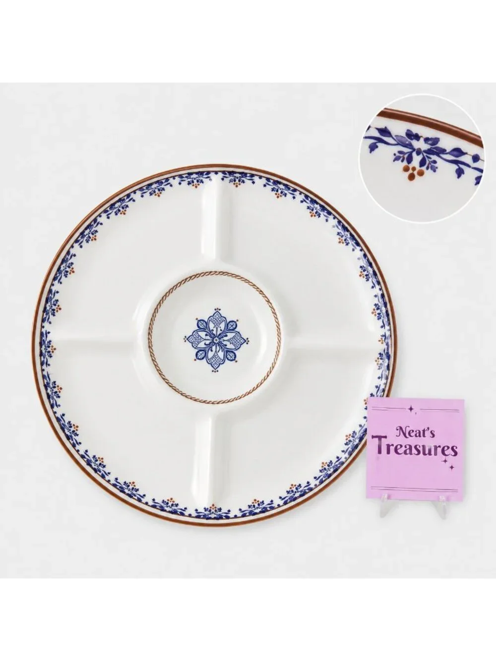 World Market  Stoneware Cream Gold Cobalt Blue Section Veggie Serving 16